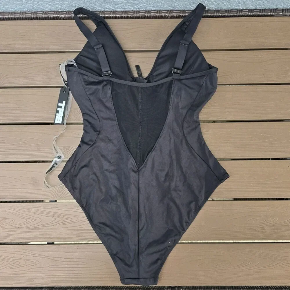 TA3 Women's Black Cheeky Plungy Zip Mesh Back Sculpting XL Short New